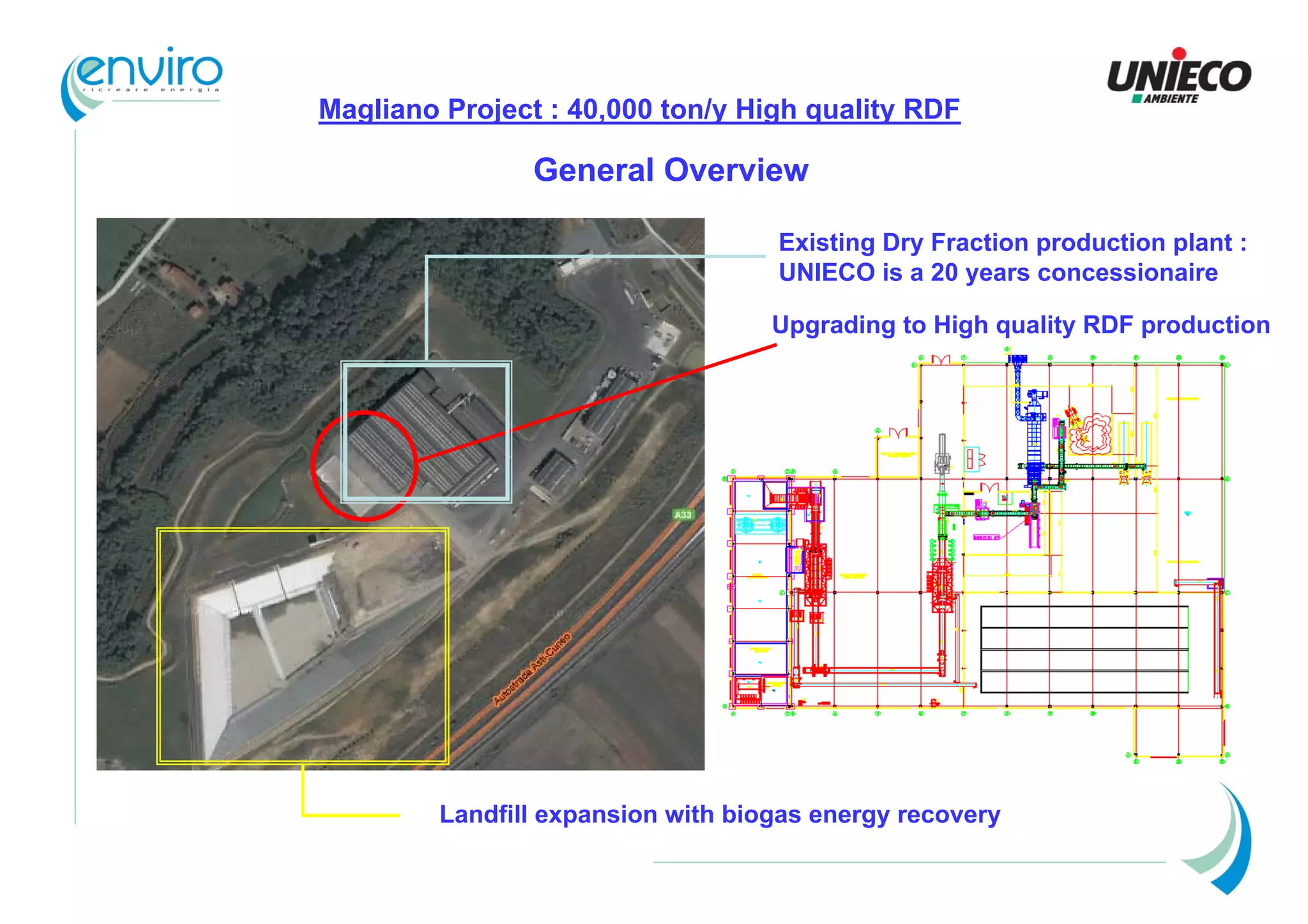 Magliano Project : 40,000 ton/y High quality RDF

                General Overview

                                    Existing Dry Fraction production plant :
                                    UNIECO is a 20 years concessionaire

                                    Upgrading to High quality RDF production




         Landfill expansion with biogas energy recovery
 