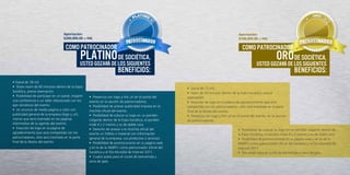 Aportación:                                                                                               Aportación:
                                   $200,000.00 + IVA                                                                                         $100,000.00 + IVA




• Stand de 18 m2.
• Show room de 60 minutos dentro de la Expo-                                                             • Stand de 12 m2.
Sociética, previa reservación.                                                                           • room de 30 minutos dentro de la Expo-Sociética, previa
• Posibilidad de participar en un panel, impartir   • Presencia con logo y link url en el portal del     reservación.
una conferencia o un taller relacionado con los     evento en la sección de patrocinadores.              • Inserción de logo en la página de agradecimiento que será
ejes temáticos del evento.                          • Posibilidad de anexar publicidad impresa en la     compartida con los patrocinadores, esta será insertada en la parte
• Un anuncio de media página a color con            mochila oficial del evento.                          final de la libreta del evento.
publicidad general de la empresa (logo y url),      • Posibilidad de colocar su logo en un pendón        • Presencia con logo y link url en el portal del evento, en la sección
mismo que será insertado en las páginas             colgante dentro de la Expo-Sociética; el pendón      de patrocinadores.
intermedias de la agenda del evento.                mide 4 x 2 metros y es de doble cara.
• Inserción de logo en la página de                 • Derecho de anexar a la mochila oficial del                                             • Posibilidad de colocar su logo en un pendón colgante dentro de
agradecimiento que será compartida con los          evento un folleto o material con información                                             la Expo-Sociética; el pendón mide 4 x 2 metros y es de doble cara.
patrocinadores, esta será insertada en la parte     general de la empresa, sus productos o servicios.                                        • Posibilidad de promocionarse en su página web y en la de la
final de la libreta del evento.                     • Posibilidad de promocionarse en su página web                                          AMIPCI como patrocinador oficial del Sociética y el Día Mundial de
                                                    y en la de la AMIPCI como patrocinador oficial del                                       Internet 2011.
                                                    Sociética y el Día Mundial de Internet 2011.                                             • Tres pases para el coctel de bienvenida y cena de gala.
                                                    • Cuatro pases para el coctel de bienvenida y
                                                    cena de gala.
 