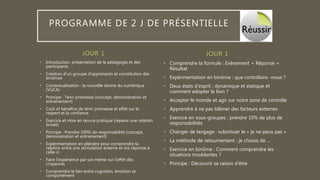 JOUR 1
• Introduction, présentation de la pédagogie et des
participants
• Création d’un groupe d’apprenants et constitution des
binômes
• Contextualisation : la nouvelle donne du numérique
(VUCA)
• Principe : Tenir promesse (concept, démonstration et
entrainement)
• Coût et bénéfice de tenir promesse et effet sur le
respect et la confiance
• Exercice et mise en œuvre pratique (réparer une relation
brisée)
• Principe : Prendre 100% de responsabilité (concept,
démonstration et entrainement)
• Expérimentation en plénière pour comprendre la
relation entre une stimulation externe et ma réponse à
celle-ci
• Faire l’expérience par soi-même sur l’effet des
croyances
• Comprendre le lien entre cognition, émotion et
comportement
• Comprendre la formule : Evènement + Réponse =
Résultat
• Expérimentation en binôme : que contrôlons -nous ?
• Deux états d’esprit : dynamique et statique et
comment adopter le bon ?
• Accepter le monde et agir sur notre zone de contrôle
• Apprendre à ne pas blâmer des facteurs externes
• Exercice en sous-groupes : prendre 10% de plus de
responsabilités
• Changer de langage : substituer le » je ne peux pas »
• La méthode de retournement : je choisis de …
• Exercice en binôme : Comment comprendre les
situations troublantes ?
• Principe : Découvrir sa raison d’être
JOUR 1
PROGRAMME DE 2 J DE PRÉSENTIELLE
 