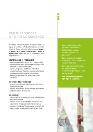 Come trovare il corretto
equilibrio tra flessibilità
dell’orario lavorativo e
corretta copertura di
personale?
Come assicurare maggior
produttività senza aumentare
i carichi di lavoro?
Come garantire la sicurezza
sul posto di lavoro
mantenendo però bassi i costi
del personale?
Con ZScheduling soddisfi
ogni tipo di esigenza!
PER RISPONDERE
A TUTTE LE ESIGENZE
Realizzato completamente in tecnologia web e in
logica di workflow, Infinity ZScheduling permette
a tutte le figure coinvolte nel processo di dispor-
re sempre e in tempo reale di tutti i dati e le
informazioni necessarie per lo svolgimento della
propria attività.
RESPONSABILE DI PRODUZIONE
• organizza e pianifica le risorse e i collaboratori;
• verifica con estrema semplicità e in tempo reale
la copertura del turno/attività;
• approva, respinge o modifica le richieste di
variazione alla pianificazione inserite dalle risorse;
• verifica eventuali scostamenti rispetto al
preventivo per avviare le opportune azioni
correttive.
DIREZIONE DEL PERSONALE
• governa e monitora la pianificazione dell’intero
organico aziendale;
• dispone di strumenti di controllo per intervenire
sul piano in caso di necessità.
DIPENDENTI
• visualizzano la schedulazione delle attività dalla
propria postazione;
• trovano on-line le informazioni necessarie allo
svolgimento della propria attività lavorativa;
• possono richiedere al Responsabile variazioni alla
pianificazione attraverso strumenti di workflow.
 