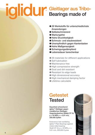iglidur

®

Gleitlager aus TriboBearings made of
● 29 Werkstoffe für unterschiedlichste
Anwendungen
● Selbstschmierend
● Wartungsfrei
● Hohe Druckfestigkeit
● Schmutz- und staubresistent
● Unempfindlich gegen Kantenlasten
● Hohe Maßgenauigkeit
● Schwingungsdämpfend
● Lebensdauer berechenbar
● 29 materials for different applications
● Self lubrication
● Maintenance free
● High compressive strength
● Dust and dirt resistant
● Resistant to edge loads
● High dimensional accuracy
● High mechanical damping factor
● Lifetime calculable

Getestet
Tested
Dauertest schwenkend:
iglidur® Gleitlager gegen
metallisches Gleitlager:
Gegenlaufpartner (Welle) CF 53,
p = 45 MPa, v = 0,01 m/s,
200.000 Zyklen
Endurance test oscillating
iglidur® Plain Bearings against
metal rolled bearing:
Shaft CF 53, p = 45 MPa, v =
0.01 m/s, 200,000 Cycles
4

 