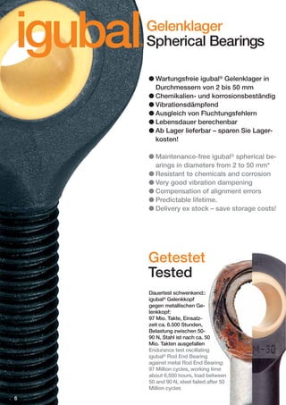 igubal

®

Gelenklager
Spherical Bearings
● Wartungsfreie igubal® Gelenklager in
Durchmessern von 2 bis 50 mm
● Chemikalien- und korrosionsbeständig
● Vibrationsdämpfend
● Ausgleich von Fluchtungsfehlern
● Lebensdauer berechenbar
● Ab Lager lieferbar – sparen Sie Lagerkosten!
● Maintenance-free igubal® spherical bearings in diameters from 2 to 50 mm*
● Resistant to chemicals and corrosion
● Very good vibration dampening
● Compensation of alignment errors
● Predictable lifetime.
● Delivery ex stock – save storage costs!

Getestet
Tested
Dauertest schwenkend::
igubal® Gelenkkopf
gegen metallischen Gelenkkopf:
97 Mio. Takte, Einsatzzeit ca. 6.500 Stunden,
Belastung zwischen 5090 N, Stahl ist nach ca. 50
Mio. Takten ausgefallen
Endurance test oscillating
igubal® Rod End Bearing
against metal Rod End Bearing:
97 Million cycles, working time
about 6,500 hours, load between
50 and 90 N, steel failed after 50
Million cycles
6

 