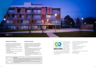 / 30 / 31
MATÉRIAUX ET COMPOSANTS
Comme pour tous les systèmes Technal, seuls
des matériaux et des composants de haute
qualité sont utilisés pour un entretien réduit et
des performances à long terme.
• Les accessoires sont coulés à partir de Zamak 5
à EN 12844.
• Tous les joints EPDM ou TPE (Thermo plastique
élastomère).
• Les isolants en polyamide sont extrudés à partir
de PA6-6 (0,25 FV).
• Les vis sont en acier inoxydable.
FINITIONS ET COULEURS
Une large gamme de finitions est disponible afin
de satisfaire les exigences des projets individuels,
aux rénovations et d’offrir une liberté de design
supplémentaire aux architectes ainsi qu’aux
concepteurs :
• Anodisé naturel conformément à EN 123731 : 2001.
• Finitions revêtement polyester dans une large
gamme de couleurs en conformité avec les
instructions «QUALICOAT».
• Les portes SOLEAL sont également disponibles
dans des finitions laquées aux couleurs
exclusives Technal pour une apparence stylisée et
contemporaine.
PROFILÉS
• Les profilés en aluminium sont extrudés à partir d’aluminium Hydro REDUXA 4.0.
Cet aluminium est fabriqué à l’aide d’énergie hydro-électrique pour une empreinte
carbone maximale de 4,0 kg de CO2
/kg d’aluminium.
• Les alliages utilisés 6060 Bâtiment répondent aux normes EN 12020, EN 573-3,
EN 515 et EN 775-1 à 9.
Technal a obtenu pour
l’ensemble des portes
SOLEAL la certification
Cradle to Cradle
CertifiedTM
de niveau
bronze, décernée par
le Cradle to Cradle
Products Innovation
Institute. La procédure
de certification exige
des concepteurs et fabricants une amélioration
continue de leurs produits afin de satisfaire à la fois
à une grande qualité technique et à des normes
écologiques élevées.
Pour obtenir la certification conformément à la
norme C2C Certified ™, les produits sont évalués
en fonction des 5 critères suivants :
• Nature des matériaux
• Recyclabilité
• Utilisation des énergies renouvelables et
réduction de l’empreinte carbone
• Gestion responsable de l’eau
• Équité sociale
La pondération relative à la nature des matériaux
est la plus importante.
www.c2ccertified.org
Architecte : Agence LEM+
Photographe : Julien Lanoo
 