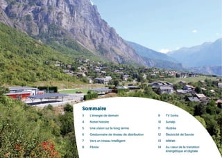Sommaire
3	 L’énergie de demain
4 	 Notre histoire
5 	 Une vision sur le long terme
6 	 Gestionnaire de réseau de distribution
7 	 Vers un réseau Intelligent
8	Fibréa
9	 TV Soréa
10	Sunalp
11	Hydréa
12	 Électricité de Savoie
13	IdWatt
14	 Au cœur de la transition
	 énergétique et digitale
 