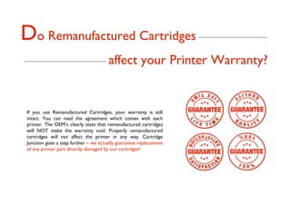 Do Remanufactured Cartridges
                                      affect your Printer Warranty?


If you use Remanufactured Cartridges, your warranty is still
intact. You can read the agreement which comes with each
printer. The OEM’s clearly state that remanufactured cartridges
will NOT make the warranty void. Properly remanufactured
cartridges will not affect the printer in any way. Cartridge
Junction goes a step further – we actually guarantee replacement
of any printer part directly damaged by our cartridges!
 
