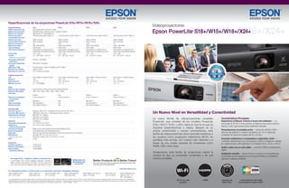 S18+/W15+/W18+/X24+
Videoproyectores
Epson PowerLite®
S18+/W15+/W18+/X24+
Especificaciones de los proyectores PowerLite S18+/W15+/W18+/X24+
Las especificaciones y términos están sujetos a cambios sin previo aviso. Epson, Better Products for a Better Future, E-TORL y Epson PowerLite son marcas registradas. Epson Exceed Your Vision es un logotipo de
marca registrada, Exceed Your Vision es una marca comerciale de Seiko Epson Corporation. Los demás nombres de productos y marcas son propiedad de sus respectivas empresas. Epson niega cualquier y todos los
derechos sobre estas marcas. Todos los derechos reservados © 2013 Epson America, Inc. CPD-LS100847 09/13
Para mayor información sobre los programas ambientales de Epson, visita
www.latin.epson.com/medioambiente
La nueva familia de videoproyectores versatiles
PowerLite, que consiste de los modelos PowerLite
S18+/ W15+/ W18+ y X24+ eleva el nivel en el que se
imparten presentaciones o clases. Basado en su
amplia conectividad y nuevas características, esta
familia de videoproyectores ofrece grandes beneficios a
los usuarios como proyección inalámbrica (Wi-Fi), en
pantallas más anchas, con colores más vibrantes y a
través de una amplia variedad de conexiones como
HDMI, USB, entre otras.
Simplemente, esta familia de proyectores mejora la
manera en que se comparten contenidos y de una
manera accesible.
Características Principales
Experiencia al Natural, Colores 3 veces más brillantes1
— La
tecnología 3LCD de 3-chips permite un balance más exacto entre luz
blanca y color, para proyecciones realmente naturales
Presentaciones en pantalla ancha — resolución WXGA (1280 x
800) de alta definición y relación de aspecto de 16:10; ideal para
contenido HD (solo los modelos (W15+ y W18+)
Conexión inalámbrica a computadora y dispositivo móvil —
conéctate directamente a tu computadora, teléfono inteligente o tableta
sin cables (incluye LAN inalámbrico en modelos W15+, W18+ y X24+)*
Audio y video con un solo cable — conexión HDMI completamente
digital
Instalación sencilla — Epson ofrece un conjunto de características
innovadoras que te aseguran una colocación flexible y la instalación
rápida en cualquier ambiente
Un Nuevo Nivel en Versatilidad y Conectividad
www.latin.epson.com
Tecnología 3LCD... Inteligente, brillante e impresionante...
La tecnología 3LCD ofrece imágenes brillantes, naturales y
nítidas, precisa reproducción de vídeo. No hay ruptura en el
color, esto hace que las imágenes sean más sutiles a la vista.
Unidad óptica con
alta eficiencia del
uso de la luz
En Latinoamérica llamar a la oficina local o a su distribuidor autorizado. Subsidiarias de Epson:
Epson Argentina, S.R.L. Epson Chile, S.A. Epson Colombia, Ltda. Epson Centroamérica Epson México, S.A. de C.V. Epson Perú, S.A. Epson Venezuela,S.R.L.
(5411) 5167 0300 (562) 2484 3400 (571) 523 5000 (506) 2588 7800 (5255) 1323 2000 (511) 418 0200 (58) 0212 240 11 11
RIF: J-00192669-0
Lámpara de
6000 horas
6000
h ora s
Especificaciones S18+ W15+ W18+ X24+
Sistema de proyección Tecnología Epson 3LCD de 3-Chips
Método de proyección Montaje frontal / retroproyección / colgado del techo
Método de impulsión Matriz activa TFT de polisilicona
Número de píxeles 480.000 puntos (800 x 600) x 3 1.024.000 puntos (1280 x 800) x 3 1.024.000 puntos (1280 x 800) x 3 786.432 puntos (1024 x 768) x 3
Luminosidad del color2
Salida de luz color 3000 Lúmenes 2800 Lúmenes 3000 Lúmenes 3500 Lúmenes
Luminosidad del blanco2
3000 Lúmenes 2800 Lúmenes 3000 Lúmenes 3500 Lúmenes
Relación de aspecto 4:3 16:10 16:10 4:3
Resolución nativa 800 x 600 (SVGA) 1280 x 800 (WXGA) 1280 x 800 (WXGA) 1024 x 768 (XGA)
Tipo de lámpara 200 W UHE 200 W UHE 200 W UHE 200 W UHE
Vida útil de la lámpara3
Hasta 6000 horas (Modo ECO) Hasta 6000 horas (Modo ECO) Hasta 6000 horas (Modo ECO) Hasta 6000 horas (Modo ECO)
Hasta 5000 horas (Modo Normal) Hasta 5000 horas (Modo Normal) Hasta 5000 horas (Modo Normal) Hasta 5000 horas (Modo Normal)
Throw Ratio 1.45 – 1.96 1,30 – 1,56 1,30 – 1,56 1,40 – 1,68
Tamaño 23" - 350" (0,88 - 10,44 m) 33" - 318" (0,9 - 10,8 m) 33" - 318" (0,9 - 10,8 m) 30" - 300" (0,84 - 10,42 m)
(distancia de proyección)
Corrección trapezoidal Vertical: ± 30 grados
automática
Corrección trapezoidal Horizontal ± 30 grados
manual
USB Plug ’n Play Proyecta audio y video compatible con PC y Mac®
Relación de contraste Hasta 10.000:1
Reproducción del color 16,77 millones de colores
Lente de proyección
Tipo Zoom digital / Enfoque manual Zoom optico / Enfoque manual Zoom optico / Enfoque manual Zoom optico / Enfoque manual
Número F 1,44 1,58 - 1,72 1,58 - 1,72 1,6 - 1,74
Distancia focal 16,7 mm 16,9 – 20,28 mm 16,9 – 20,28 mm 18,4 - 22,08 mm
Relación de zoom 1,0 – 1,35 (Digital) 1,0 – 1,2 1,0 – 1,2 1,0 – 1,2
Otros
Señal de video análoga NTSC/NTSC4.43/PAL/M-PAL/N-PAL/PAL60/SECAM
Señal de video digital 480i / 576i / 480p / 576p / 720p / 1080i / 1080p
Interfaces
HDMI x 1 N/A HDMI x 1 HDMI x 1
Video de computadora D-sub 15-pines x 1 D-sub 15-pines x 1 D-sub 15-pines x 1 D-sub 15-pines x 1
/componente
S-Video Mini DIN x 1 N/A Mini DIN x 1 Mini DIN x 1
Video compuesto RCA (Amarillo) x 1 N/A RCA (Amarillo) x 1 RCA (Amarillo) x 1
Entrada de audio RCA (Blanco/Rojo) x 1 N/A RCA (Blanco/Rojo) x 1 RCA (Blanco/Rojo) x 1
Conector USB
Conector Tipo A x 1 Memoria USB, Wi-Fi®
y cámara de documentos DC-06 / DC-11
Conector USB Tipo B x 1 USB Plug ’n Play 3 en 1 ( USB Display, Mouse, Control )
Especificación Wireless IEEE 802.11b: 11 Mbps*
(velocidad según modo) IEEE 802.11g: 54 Mbps*
IEEE 802.11n: 130 Mbps*
Parlantes 2 W (Mono)
Temperatura de operación 5 ˚C a 35 ˚C (41 ˚F a 95 ˚F)
Voltaje de la 100 – 240 V ±10%, 50/60 Hz
fuente de alimentación
Consumo de energía Modo normal: 283 W (Modo Normal) 207 W (Modo ECO)
Ruido del ventilador 37 dB (Modo Normal) 29 dB (Modo ECO)
Seguridad Traba de seguridad tipo Kensington.
®
Función de protección por contraseña
Dimensiones Sin patas: 29,7 cm x 23,4 cm x 7,7 cm
(ancho x prof. x alt.) Dimension máxima: 29,7 cm x 22,8 cm x 7,9 cm
Peso 2,4 kg
Accesorios
Lámpara reemplazo V13H010L78
Wireless LAN Adapter V12H418P12
Quick wireless V12H005M09
connection USB key
PowerLite W15+
PowerLite X24+
HDMI
L
a
m
a
r
c
a
de proyectores más
v
e
n
d
i
d
a
en el mundo
L
a
m
a
r
c
a
de proyectores más
v
e
n
d
i
d
a
en el mundo
Proyectores Epson
Wi-Fi con LAN
incluido*
3000
E x p e r i e n c i a a l N a t u r a l
3000
LUZ BLANCA
LUZ COLOR
LÚMENES
Luminosidad en color 3000
Luminosidad en blanco 3000**
Wi-Fi
 