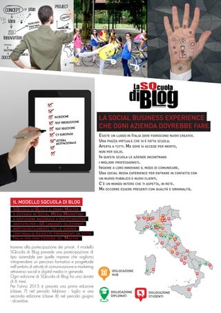 LA SOCIAL BUSINESS EXPERIENCE
CHE OGNI AZIENDA DOVREBBE FARE.
Esiste un luogo in Italia dove fioriscono nuovi creativi.
Una piazza virtuale che si è fatta scuola.
Aperta a tutti. Ma dove si accede per merito,
non per soldi.
In questa scuola le aziende incontrano
i migliori professionisti.
Insieme a loro innovano il modo di comunicare.
Una social media experience per entrare in contatto con
un nuovo pubblico e nuovi clienti.
C’è un mondo intero che ti aspetta, in rete.
Ma occorre essere presenti con qualità e originalità.
IL MODELLO SQCUOLA DI BLOG
SQcuola di Blog è il primo Master
a distanza in Social Media Marketing
a diffusione nazionale a partecipazione
gratuita per i 40 candidati selezionati
meritocraticamente tra le diverse
centinaia di richieste provenienti da tutta
Italia per ogni edizione del Master.
Italia
Insieme alla partecipazione dei privati, il modello
SQcuola di Blog prevede una partecipazione di
tipo aziendale per quelle imprese che vogliono
intraprendere un percorso formativo e progettuale
nell’ambito di attività di comunicazione e marketing
attraverso social e digital media in generale.
Ogni edizione di SQcuola di Blog ha una durata
di 6 mesi.
Per l’anno 2015 è prevista una prima edizione
(classe 7) nel periodo febbraio - luglio e una
seconda edizione (classe 8) nel periodo giugno
- dicembre.
DISLOCAZIONE
STUDENTI
DISLOCAZIONE
HUB
DISLOCAZIONE
DIPLOMATI
 