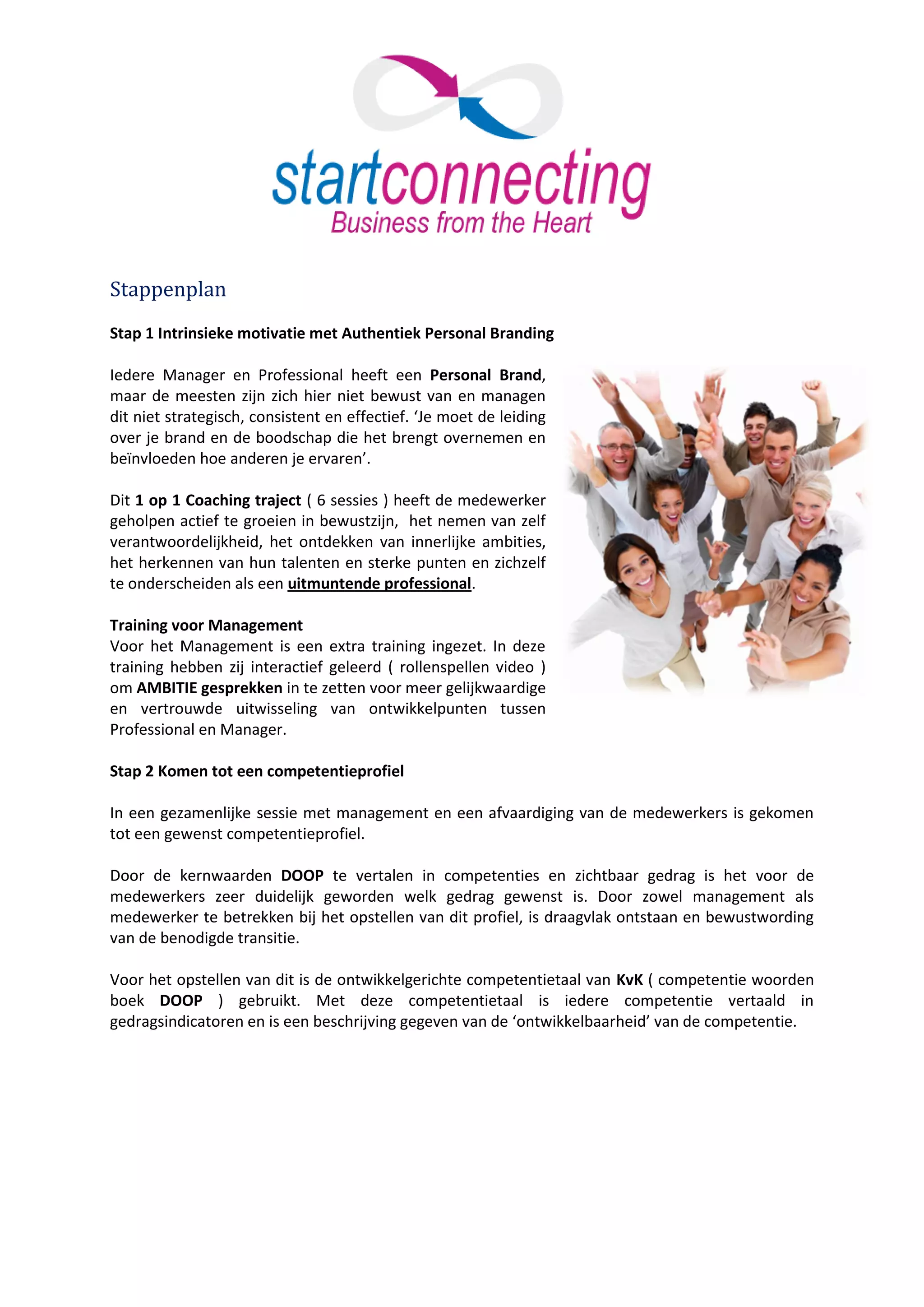 Stappenplan
Stap 1 Intrinsieke motivatie met Authentiek Personal Branding

Iedere Manager en Professional heeft een Personal Brand,
maar de meesten zijn zich hier niet bewust van en managen
dit niet strategisch, consistent en effectief. ‘Je moet de leiding
over je brand en de boodschap die het brengt overnemen en
beïnvloeden hoe anderen je ervaren’.

Dit 1 op 1 Coaching traject ( 6 sessies ) heeft de medewerker
geholpen actief te groeien in bewustzijn, het nemen van zelf
verantwoordelijkheid, het ontdekken van innerlijke ambities,
het herkennen van hun talenten en sterke punten en zichzelf
te onderscheiden als een uitmuntende professional.

Training voor Management
Voor het Management is een extra training ingezet. In deze
training hebben zij interactief geleerd ( rollenspellen video )
om AMBITIE gesprekken in te zetten voor meer gelijkwaardige
en vertrouwde uitwisseling van ontwikkelpunten tussen
Professional en Manager.

Stap 2 Komen tot een competentieprofiel

In een gezamenlijke sessie met management en een afvaardiging van de medewerkers is gekomen
tot een gewenst competentieprofiel.

Door de kernwaarden DOOP te vertalen in competenties en zichtbaar gedrag is het voor de
medewerkers zeer duidelijk geworden welk gedrag gewenst is. Door zowel management als
medewerker te betrekken bij het opstellen van dit profiel, is draagvlak ontstaan en bewustwording
van de benodigde transitie.

Voor het opstellen van dit is de ontwikkelgerichte competentietaal van KvK ( competentie woorden
boek DOOP ) gebruikt. Met deze competentietaal is iedere competentie vertaald in
gedragsindicatoren en is een beschrijving gegeven van de ‘ontwikkelbaarheid’ van de competentie.
 