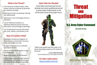 What is the Threat?                          Cyber Warriors Needed
♦   From Hactivists to Nation-States, these
    threats continue to attempt to penetrate
                                                    Army Cyber Command will recruit,
                                                  develop and retain qualified personnel               Threat
                                                                                                           AND
    our networks everyday.                          to grow Cyber Professionals as the
♦   Cyberspace threats are growing, evolving,      cornerstone of the Army Cyber Force.

                                                                                                    Mitigation
    and sophisticated.
♦   Cyberspace crime is the largest threat to
    individuals.
♦   Loss of intellectual property is a
    significant National security risk to our
    information and technological advantage.
                                                                                                  U.S. Army Cyber Command
♦   Loss of operational security information                                                             Second Army
    puts units, soldiers, and families at risk.

        How Can Leaders Help?
∗   Cyberspace threats and mitigation of
    those threats is commander’s business.
    Know and mitigate the risks.
∗   Recognize Cyberspace as a contested
    Operational Domain.                           “While some people may think cyber is all
                                                  about technology, people are the center of
∗   Ensure strong 2/3/6 integration in your       all we do.”
    unit formations.                                                   Lt. Gen. Rhett Hernandez
                                                       Commanding General, Army Cyber Command
∗   Respect the Threat...It’s Not Random.
∗   Enforce compliance with basic standards              For More Information
    and discipline. Information Assurance is
                                                         www.arcyber.army.mil                       Second to None!
    not a given & remediation is expensive.
 