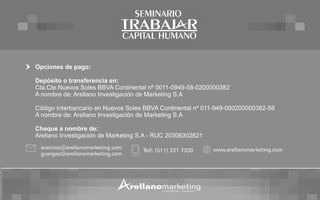 SEMINARIO

TRABAJ R
CAPITAL HUMANO

Opciones de pago:
Depósito o transferencia en:
Cta.Cte.Nuevos Soles BBVA Continental nº 0011-0949-58-0200000382
A nombre de: Arellano Investigación de Marketing S.A
Código Interbancario en Nuevos Soles BBVA Continental nº 011-949-000200000382-58
A nombre de: Arellano Investigación de Marketing S.A
Cheque a nombre de:
Arellano Investigación de Marketing S.A - RUC 20306302621
eventos@arellanomarketing.com
gvargas@arellanomarketing.com

Telf: (511) 221 7330

www.arellanomarketing.com

 