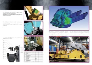 The cabin is equiped with a tilting cab till 40 degrees, enabling
the driver to have a good view at the work.
Safety glass of 30 mm is applied together with a safe guard at the
top and the front window.




The cabin is spacious with besides the driver seat an extra seat
for instructor or trainee.
Handles and controls are put in an ergonomic way for comfort
of the driver.




                                                                                                                                                            The mainframe is re-enforced with a subframe. The existing ex-       hinge point of the boom and to strengthen the mainframe for the
                                                                                                                                                            cavator is recalculated if it can take the forces of a 25T tool at   new boom a subframe is connected to the old main frame. In
                                                                                                                                                            34 meter. This is done by the latest strength calculation software   case the excavators needs to work with the original boom, this
                                                                                                                                                            available. All weak spots are strengthened and to relocate the       subframe can be removed and the old situation is restored


The cabin is located at a height of 6 meters from ground level
giving a good view on the job.


 5


 10


 9
                                                7
 11
                                                13
                                                                7
 12

                                                6               13
 4


 3                                              14              6

                                                                     14   1    Zoom Camera Control                     -
                                                                14   13   1    Zoom Camera Monitor                     -
 12
                                                                     12   2    Joystick 1 Zoom Camera Control
                                                                                     14                                -         -
                                                                     11   1    Foot Rest 1 Zoom Camera Monitor
                                                                                     13                                -         -
 2                                                                   10   1    Foot Pedal2+ Stick
                                                                                     12       Joystick                 -         -
                                                                                     11   1 Foot Rest                            -
                                                                      9   1    Foot Pedal + Stick                      -
                                                                                     10   1 Foot Pedal + Stick                   -
 8                                                                    8   1    Seatbelt part 1                         -         -
                                                                                      9   1 Foot Pedal + Stick
                                                                      7   1    Camera Monitor
                                                                                      8   1 Seatbelt part 1            -         -
                                                                      6   1    I-Flex 7
                                                                                      Monitor Camera Monitor
                                                                                          1                            -         -
 1                                                                    5   1    Foot Pedal1 I-Flex Monitor
                                                                                      6
                                                                                                                       Steel
                                                                                                                                 -
                                                                                      5   1 Foot Pedal                       Steel
                                                                      4   1    Turn Switch                             -
                                                                                      4   1 Turn Switch                          -
                                                                      3   1    Contact 1 Contact
                                                                                      3                                Steel Steel
                                                                      2   1    Emergency button
                                                                                      2   1 Emergency button           -     -
                                                                      1   1    Chair 1    1 Chair                      -     -
                                                                                    Pos Qty
                                                                     Pos Qty           Description Description Size   Size         Material
                                                                                                                             Material            Comments
                                                                                                                                              Comments
 
