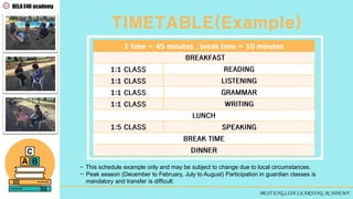 TIMETABLE(Example)
BEST ENGLISH LEARNING ACADEMY
BELA E4U academy
1 time = 45 minutes , break time = 10 minutes
BREAKFAST
1:1 CLASS READING
1:1 CLASS LISTENING
1:1 CLASS GRAMMAR
1:1 CLASS WRITING
LUNCH
1:5 CLASS SPEAKING
BREAK TIME
DINNER
- This schedule example only and may be subject to change due to local circumstances.
- Peak season (December to February, July to August) Participation in guardian classes is
mandatory and transfer is difficult.
 