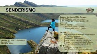 SENDERISMO
Lagunas de Siecha PNN Chingaza
$480.000 pesos para una persona
$250.000 por persona para dos o más
personas
entrada al parque
○ Nacional: $22.500 pesos
○ Extranjero: $62.000 pesos
Incluye:
✓ Guía local guianza personalizada y avalada
por Parques Nacionales
✓ Entrada al PNN Chingaza
✓ Interpretación histórica y ambiental
✓ Transporte en camioneta desde Guasca
✓ Refrigerio (sandwich, fruta, bebida)
No Incluye:
● Transporte hacia Guasca
● Otra alimentación o gastos personales
Duración: 3-5 horas + 1.5 transporte
distancia: 7 km
Dificultad: Media
 