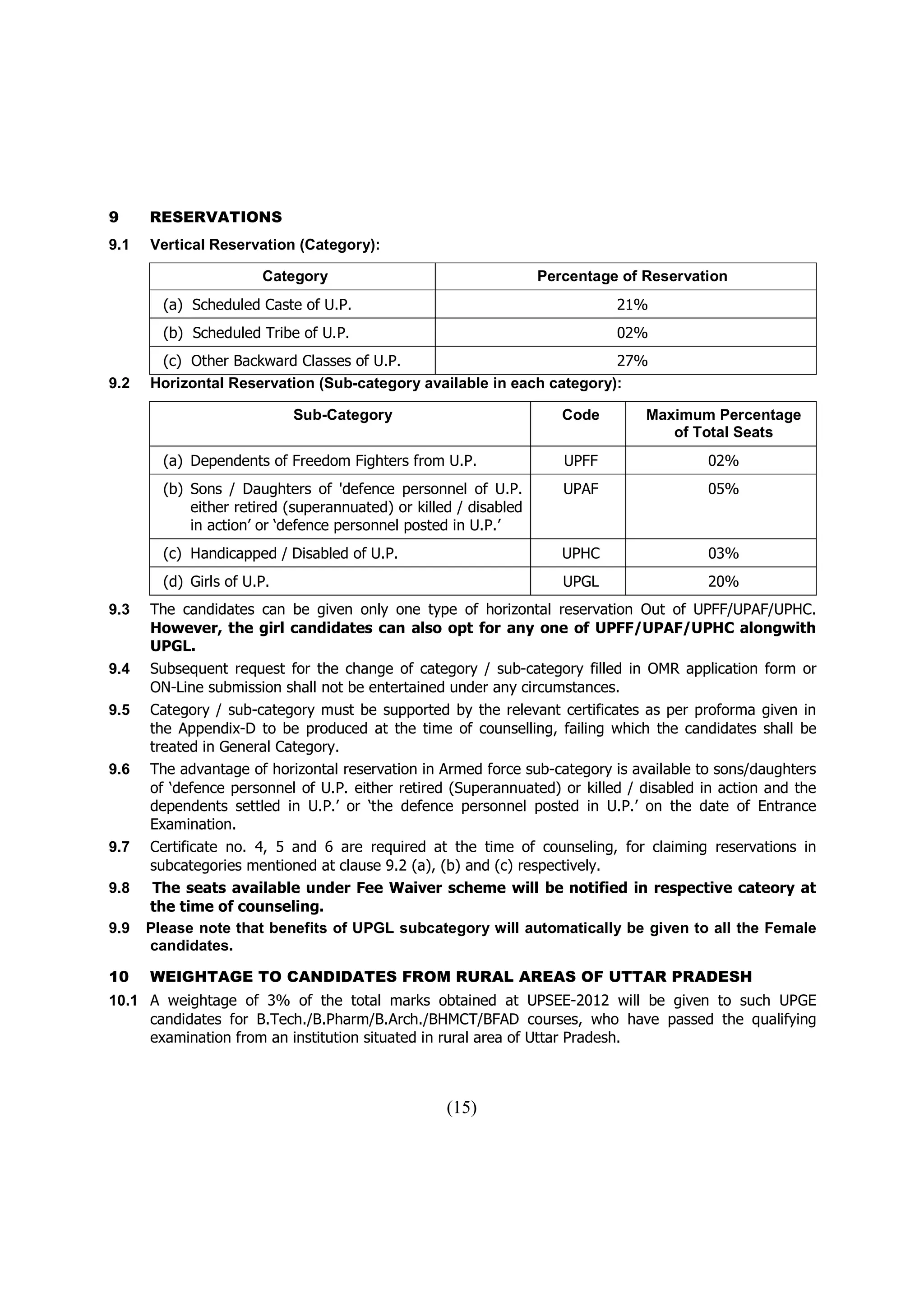 9     RESERVATIONS
9.1   Vertical Reservation (Category):

                       Category                                   Percentage of Reservation
        (a) Scheduled Caste of U.P.                                         21%
        (b) Scheduled Tribe of U.P.                                         02%
       (c) Other Backward Classes of U.P.                             27%
9.2   Horizontal Reservation (Sub-category available in each category):

                            Sub-Category                             Code       Maximum Percentage
                                                                                   of Total Seats
        (a) Dependents of Freedom Fighters from U.P.                 UPFF               02%
        (b) Sons / Daughters of 'defence personnel of U.P.           UPAF                05%
            either retired (superannuated) or killed / disabled
            in action’ or ‘defence personnel posted in U.P.’
        (c) Handicapped / Disabled of U.P.                           UPHC                03%
        (d) Girls of U.P.                                            UPGL                20%
9.3   The candidates can be given only one type of horizontal reservation Out of UPFF/UPAF/UPHC.
      However, the girl candidates can also opt for any one of UPFF/UPAF/UPHC alongwith
      UPGL.
9.4   Subsequent request for the change of category / sub-category filled in OMR application form or
      ON-Line submission shall not be entertained under any circumstances.
9.5   Category / sub-category must be supported by the relevant certificates as per proforma given in
      the Appendix-D to be produced at the time of counselling, failing which the candidates shall be
      treated in General Category.
9.6   The advantage of horizontal reservation in Armed force sub-category is available to sons/daughters
      of ‘defence personnel of U.P. either retired (Superannuated) or killed / disabled in action and the
      dependents settled in U.P.’ or ‘the defence personnel posted in U.P.’ on the date of Entrance
      Examination.
9.7   Certificate no. 4, 5 and 6 are required at the time of counseling, for claiming reservations in
      subcategories mentioned at clause 9.2 (a), (b) and (c) respectively.
9.8    The seats available under Fee Waiver scheme will be notified in respective cateory at
      the time of counseling.
9.9   Please note that benefits of UPGL subcategory will automatically be given to all the Female
      candidates.

10    WEIGHTAGE TO CANDIDATES FROM RURAL AREAS OF UTTAR PRADESH
10.1 A weightage of 3% of the total marks obtained at UPSEE-2012 will be given to such UPGE
     candidates for B.Tech./B.Pharm/B.Arch./BHMCT/BFAD courses, who have passed the qualifying
     examination from an institution situated in rural area of Uttar Pradesh.



                                                   (15)
 