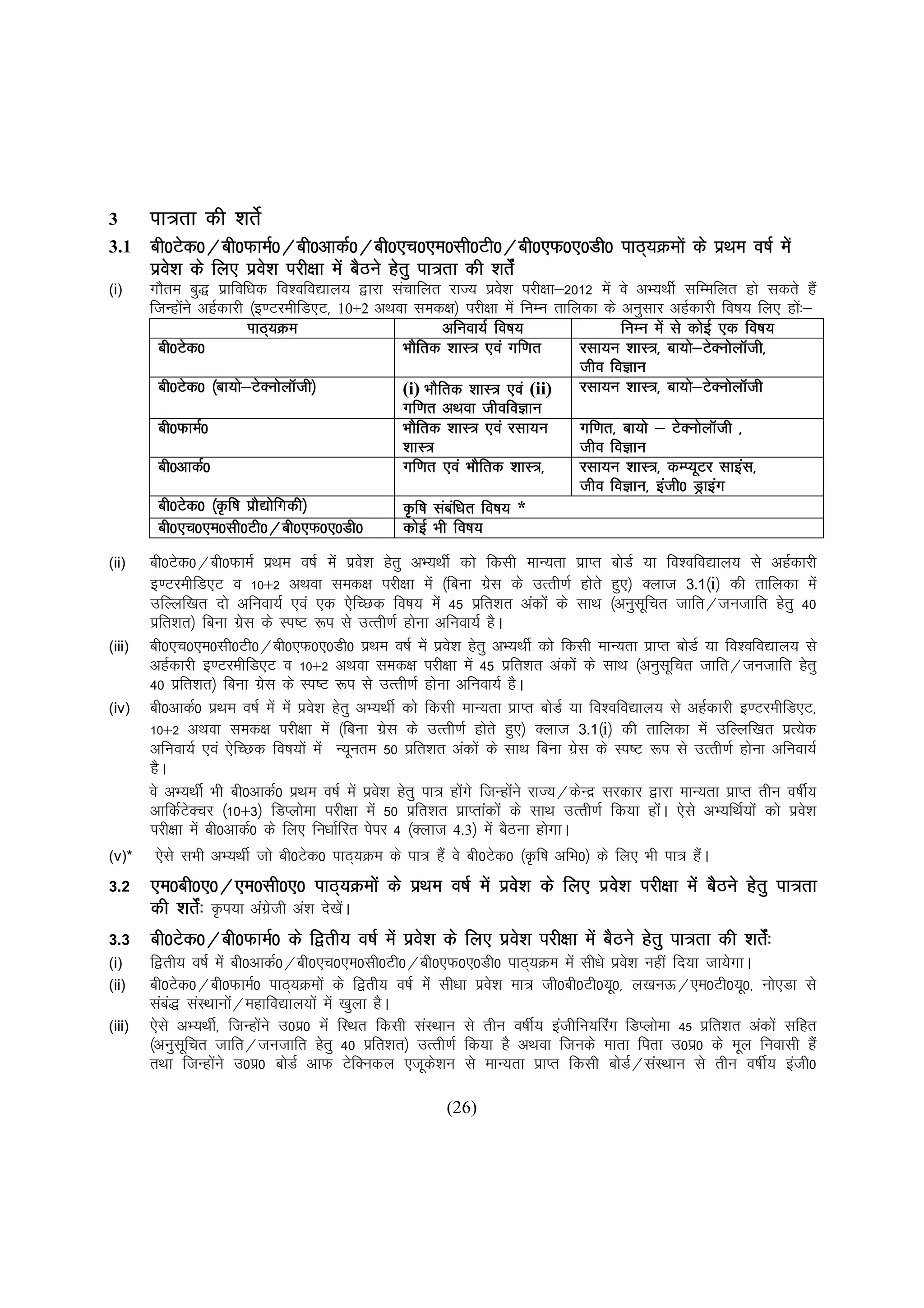 3       ik=rk
        ik=rk dh 'krsZ
3.1     ch0Vsd0@ch0QkeZ0@ch0vkdZ0@ch0,p0,e0lh0Vh0@ch0,Q0,0Mh0 ikB~;Øeksa ds izFke o"kZ esa
           s            s                        ik=rk
        izo'k ds fy, izo'k ijh{kk esa cSBus gsrq ik=rk dh 'krsZa
(i)     xkSre cq) izkfof/kd fo'ofo|ky; }kjk lapkfyr jkT; izo'k ijh{kk&2012 esa os vH;FkhZ lfEefyr gks ldrs gSa
                                                                 s
        ftUgksus vgZdkjh ¼b.VjehfM,V] 10+2 vFkok led{k½ ijh{kk esa fuEu rkfydk ds vuqlkj vgZdkjh fo"k; fy, gks%a &
              a
                         IkkB~;Øe                       vfuok;Z fo"k;              fuEu esa ls dksbZ ,d fo"k;
         ch0Vsd0                               HkkSfrd 'kkL= ,oa xf.kr      jlk;u 'kkL=]
                                                                            jlk;u 'kkL=] ck;ks&VsDuksykWth]
                                                                            tho foKku
         ch0Vsd0 ¼ck;ks&VsDuksykWth½           (i) HkkSfrd 'kkL= ,oa (ii)   jlk;u 'kkL=] ck;ks&VsDuksykWth
                                                                                    'kkL=]
                                               xf.kr vFkok thofoKku
         ch0QkeZ0                              HkkSfrd 'kkL= ,oa jlk;u      xf.kr] ck;ks & VsDuksykWth ]
                                               'kkL=                        tho foKku
         ch0vkdZ0                                                  'kkL=]
                                               xf.kr ,oa HkkSfrd 'kkL=]              kkL=]
                                                                            jlk;u 'kkL=] dEI;wVj lkbal]
                                                                            tho foKku] bath0 Mªkbax
         ch0Vsd0 ¼Ñf"k izkS|ksfxdh½            Ñf"k lacf/kr fo"k; *
                                                         a
         ch0,p0,e0lh0Vh0@ch0,Q0,0Mh0
         ch0,p0,e0lh0Vh0@ch0,Q0,0Mh0           dksbZ Hkh fo"k;
(ii)  ch0Vsd0@ch0QkeZ izFke o"kZ esa izo'k gsrq vH;FkhZ dks fdlh ekU;rk izkIr cksMZ ;k fo'ofo|ky; ls vgZdkjh
                                             s
      b.VjehfM,V o 10$2 vFkok led{k ijh{kk esa ¼fcuk xzsl ds mRrh.kZ gksrs gq,½ Dykt 3-1¼i½ dh rkfydk esa
      mfYyf[kr nks vfuok;Z ,oa ,d ,sfPNd fo"k; esa 45 izfr'kr vadksa ds lkFk ¼vuqlfpr tkfr@tutkfr gsrq 40
                                                                                           w
      izfr'kr½ fcuk xzsl ds Li"V :i ls mRrh.kZ gksuk vfuok;Z gSA
(iii) ch0,p0,e0lh0Vh0@ch0,Q0,0Mh0 izFke o"kZ esa izo'k gsrq vH;FkhZ dks fdlh ekU;rk izkIr cksMZ ;k fo'ofo|ky; ls
                                                            s
      vgZdkjh b.VjehfM,V o 10$2 vFkok led{k ijh{kk esa 45 izfr'kr vadksa ds lkFk ¼vuqlfpr tkfr@tutkfr gsrq
                                                                                                w
      40 izfr'kr½ fcuk xzsl ds Li"V :i ls mRrh.kZ gksuk vfuok;Z gSA
(iv) ch0vkdZ0 izFke o"kZ esa esa izo'k gsrq vH;FkhZ dks fdlh ekU;rk izkIr cksMZ ;k fo'ofo|ky; ls vgZdkjh b.VjehfM,V]
                                    s
      10$2 vFkok led{k ijh{kk esa ¼fcuk xzsl ds mRrh.kZ gksrs gq,½ Dykt 3-1¼i½ dh rkfydk esa mfYyf[kr izR;sd
      vfuok;Z ,oa ,sfPNd fo"k;ksa esa U;wure 50 izfr'kr vadksa ds lkFk fcuk xzsl ds Li"V :i ls mRrh.kZ gksuk vfuok;Z
      gSA
      os vH;FkhZ Hkh ch0vkdZ0 izFke o"kZ esa izo'k gsrq ik= gksxs ftUgksus jkT;@dsUnz ljdkj }kjk ekU;rk izkIr rhu o"khZ;
                                                s              a        a
      vkfdZVDpj ¼10$3½ fMIyksek ijh{kk esa 50 izfr'kr izkIrkadkas ds lkFk mRrh.kZ fd;k gksA ,sls vH;fFkZ;ksa dks izo'k
             s                                                                                a                       s
      ijh{kk esa ch0vkdZ0 ds fy, fu/kkZfjr isij 4 ¼Dykt 4.3½ esa cSBuk gksxkA
(v)*   ,sls lHkh vH;FkhZ tks ch0Vsd0 ikB~;Øe ds ik= gSa os ch0Vsd0 ¼Ñf"k vfHk0½ ds fy, Hkh ik= gSA  a
3.2     ,e0ch0,0@,e0lh0,0 ikB~;Øeksa ds izFke o"kZ esa izo'k ds fy, izo'k ijh{kk esa cSBus gsrq ik=rk
                                                           s     fy, s                               ik=rk
        dh 'krsZ%a Ñi;k vaxzth va'k ns[ksA
                            s            a
3.3                                           s              s                      ik=rk
        ch0Vsd0@ch0QkeZ0 ds f}rh; o"kZ esa izo'k ds fy, izo'k ijh{kk esa cSBus gsrq ik=rk dh 'krsZ%a
(i)     f}rh; o"kZ esa ch0vkdZ0@ch0,p0,e0lh0Vh0@ch0,Q0,0Mh0 ikB~;Øe esa lh/ks izo'k ugha fn;k tk;sxkA
                                                                                      s
(ii)    ch0Vsd0@ch0QkeZ0 ikB~;Øeksa ds f}rh; o"kZ esa lh/kk izo'k ek= th0ch0Vh0;w0] y[kuÅ@,e0Vh0;w0] uks,Mk ls
                                                                s
        lac) laLFkkuks@egkfo|ky;ksa esa [kqyk gSA
           a           a
(iii)   ,sls vH;FkhZ] ftUgksus m0iz0 esa fLFkr fdlh laLFkku ls rhu o"khZ; bathfu;fjax fMIyksek 45 izfr'kr vadksa lfgr
                            a
        ¼vuqlfpr tkfr@tutkfr gsrq 40 izfr'kr½ mRrh.kZ fd;k gS vFkok ftuds ekrk firk m0iz0 ds ewy fuoklh gSa
              w
        rFkk ftUgksus m0iz0 cksMZ vkQ VsfDudy ,twd'ku ls ekU;rk izkIr fdlh cksM@laLFkku ls rhu o"khZ; bath0
                   a                                    s                               Z

                                                         (26)
 