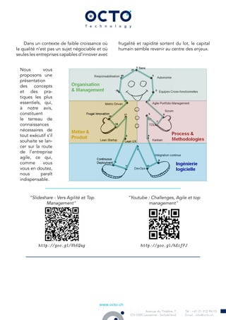 Dans un contexte de faible croissance où
la qualité n’est pas un sujet négociable et où
seules les entreprises capables d’innover avec
frugalité et rapidité sortent du lot, le capital
humain semble revenir au centre des enjeux.
Nous vous
proposons une
présentation
des concepts
et des pra-
tiques les plus
essentiels, qui,
à notre avis,
constituent
le terreau de
connaissances
nécessaires de
tout exécutif s’il
souhaite se lan-
cer sur la route
de l’entreprise
agile, ce qui,
comme vous
vous en doutez,
nous paraît
indispensable.
"Slideshare - Vers Agilité et Top
Management"
http://goo.gl/VbKQag
"Youtube : Challenges, Agile et top
management"
http://goo.gl/hEcfPJ
 