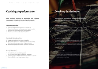 ▪ Engager les équipes sur une vision stratégique
▪ Manager la cohésion et la cohérence des équipes vers un but
▪ Optimisation décision, priorités et délégation pouvoir
▪ Management énergie personnelle, motivation, focalisation
▪ Un leadership plus naturel et impactant
▪ Un plus grand confort dans les situations complexes
▪ Une plus grande lucidité et autonomie sur la relation au pouvoir
▪ Aller au-delà de ce que l’on pense savoir de soi
▪ Gérer une forte croissance organique ou un scale-up
▪ Attirer les meilleurs les meilleurs talents ou partenairesclés
▪ Améliorer son influence au sein de son écosystème
▪ Mobiliser pour atteindredes objectifs ambitieux
Coaching de performance
Exemplesd’enjeux clients
Exemplesde thèmesde coaching :
Exemplesde bénéfices :
Coaching derésolution
▪ Identifier et sortir des stratégies de sabotages (peur de gagner)
▪ Gagner en assertivité, communiquer plus efficacement
▪ Comprendre et gérer son stress, être plus confortable avec ses émotions
▪ Etre plus en paix dans la gestion du temps et des priorités
▪ Meilleure relation interpersonnelle
▪ Un cadre sûr de confiance pour apprendreà pacifier des tensions internes
▪ Un travail d'ouverture et de lucidité source d'autonomie, et d'un
leadership plus empathique
▪ Sortir d’un blocage relationnel avec un membre du CODIR, un associé
▪ Améliorer son bien-être dans les situations stressantesou paradoxales
▪ Réussir à s'affirmer à convaincre à des moments à fort enjeux
▪ Gagner en confort et efficience à l'approched’enjeux stratégiques
Exemplesd’enjeux clients
Exemplesde thèmesde coaching :
Exemplesde bénéfices :
A m é l i o r e r s a p e r f o r m a n c e A m é l i o r e r s a p e r f o r m a n c e
Vous souhaitez acquérir ou développer des capacités
requisespourêtre plusperformant dans votre poste.
Vous souhaitez résoudre une problématique récurrente
qui nuità l'accomplissementde vosmissions.
synthicia
 