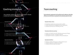 Team coaching
Vous souhaitez augmentez votre performance collective, être plus
efficace ensemble dans la productionde résultatsopérationnels.
A m é l i o r e r l a p e r f o r m a n c eA s s u r e r l a c o h é r e n c e
Coaching stratégique
Vous souhaitez renforcer la cohérence des actions de l’équipe,
en phaseavecl’ambition de votre organisation.
▪ Cohérence gouvernance, stratégie, ambition
▪ Alignement modèles managériaux, leadership,stratégie
▪ Cohérence autorité, animation, expertise au sein de l’organisation
▪ Aligner le fonctionnement de l’équipe et l’ ambition de l’organisation
▪ Faire émerger une vision transformante pour l’entreprise
▪ Définir, incarner et déployerune nouvelle gouvernance
Exemplesd’enjeux clients:
Exemplesde bénéfices :
Exemplesde thèmesde coaching:
Exemplesd’enjeux clients:
Exemplesde bénéfices :
Exemplesde thèmesde coaching:
▪ Alignement des buts, des objectifs, des outils de pilotage opérationnel
▪ Alignement des modes de décision et collaboration avec la stratégie
▪ Meilleure performance des systèmes de décision dans l’organisation
▪ Augmenter la performance opérationnelle du CODIR
▪ Assurer efficacement un changement de cap, d’organisation
▪ Renforcer la puissance du CODIR face à une crise
▪ Meilleure cohésion de l’équipe, et cohérence de ses actions
▪ Meilleure endurance et résilience de l ’équipe
▪ Meilleurs efficience et bien être collectif
▪ Etablir une identité, une culture, des valeurs porteuse pour l’équipe
▪ Développerla maturité , l’intelligence collective
▪ Développerl’émulation, la rapidité et l’efficience des décisions
synthicia
 