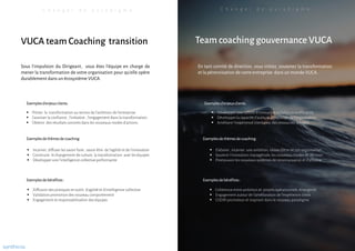 C h a n g e r d e p a r a d i g m e
Team coaching gouvernance VUCA
En tant comité de direction, vous initiez, soutenez la transformation
et la pérennisation de votre entreprise dans un monde VUCA.
C h a n g e r d e p a r a d i g m e
VUCA team Coaching transition
Sous l’impulsion du Dirigeant, vous êtes l’équipe en charge de
mener la transformation de votre organisation pour qu’elle opère
durablement dans un écosystème VUCA.
▪ Piloter la transformation au service de l’ambition de l’entreprise
▪ Favoriser la confiance , l’initiative , l’engagement dans la transformation
▪ Obtenir des résultats concrets dans les nouveaux modes d’actions
▪ Diffusion des pratiques et outils d’agilité et d’intelligence collective
▪ Validation promotion des nouveau comportement
▪ Engagement et responsabilisation des équipes
Exemplesd’enjeuxclients:
Exemplesdebénéfices:
Exemplesdethèmesde coaching:
▪ Incarner, diffuser les savoir faire , savoir être de l’agilité et de l’innovation
▪ Construire le changement de culture, la transformation avec les équipes
▪ Développerune l’intelligence collective performante
▪ Développerune culture d’innovation collaborative efficiente
▪ Développerla capacité d’auto-apprentissage de l’organisation
▪ Améliorer l’expérience client avec des ressources limitées
▪ Cohérence entre ambition et projets opérationnels émergents
▪ Engagement autour de l’amélioration de l’expérience client
▪ CODIR promoteur et inspirant dans le nouveau paradigme
Exemplesd’enjeuxclients:
Exemplesdebénéfices:
Exemplesdethèmesde coaching:
▪ Elaborer, incarner une ambition, raison d’être de son organisation
▪ Soutenir l’innovation managériale, les nouveaux modes de décision
▪ Promouvoirles nouveaux systèmes de reconnaissance et d’alliance
synthicia
 