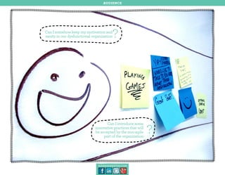 audience

Can I somehow keep my motivation and
sanity in our dysfunctional organization

?

Can I introduce some
innovative practices that will
be accepted by the non-agile
part of the organization

management30.com

?

 