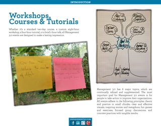 introduction

Workshops,
Courses & Tutorials
Whether it’s a standard two-day course, a custom eight-hour
workshop, a four-hour tutorial, or a brief 1-hour talk, all Management
3.0 events are designed to make a lasting impression.

Management 3.0 has 8 major topics, which are
continually refined and supplemented. The most
important goal for Management 3.0 events is for
people to take action to improve their organizations.
All events adhere to the following principles: theory
and practice in small chunks; clear and effective
visuals; inspiring stories and metaphors; fun games
and exercises; focused group discussions; and
concrete practices with tangible results.
management30.com

 