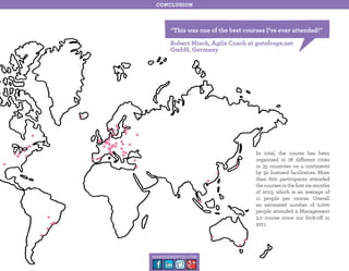 conclusion

“This was one of the best courses I’ve ever attended!”
Robert Misch, Agile Coach at gutefrage.net
GmbH, Germany

In total, the course has been
organized in 78 different cities
in 35 countries on 4 continents
by 32 licensed facilitators. More
than 600 participants attended
the courses in the first six months
of 2013, which is an average of
11 people per course. Overall
an estimated number of 2,000
people attended a Management
3.0 course since our kick-off in
2011.

management30.com

 