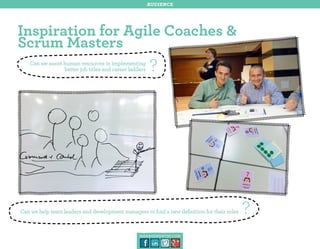 audience

Inspiration for Agile Coaches &
Scrum Masters
Can we assist human resources in implementing
better job titles and career ladders

?

Can we help team leaders and development managers to find a new definition for their roles

management30.com

?

 