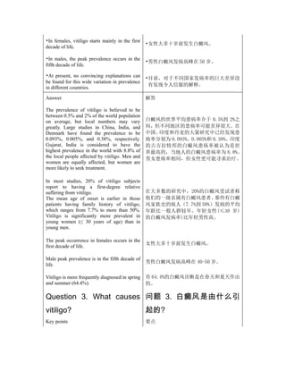 •In females, vitiligo starts mainly in the first
                                                   •女性大多十岁前发生白癜风。
decade of life.

•In males, the peak prevalence occurs in the
                                                   •男性白癜风发病高峰在 50 岁。
fifth decade of life.

•At present, no convincing explanations can
                                                   •目前，对于不同国家发病率的巨大差异没
be found for this wide variation in prevalence
                                                    有发现令人信服的解释。
in different countries.

Answer                                             解答

The prevalence of vitiligo is believed to be
between 0.5% and 2% of the world population
on average, but local numbers may vary             白癜风的世界平均患病率介于 0.5%到 2%之
greatly. Large studies in China, India, and        间，但不同地区的患病率可能差异很大。在
Denmark have found the prevalence to be            中国、印度和丹麦的大量研究中已经发现患
0.093%, 0.005%, and 0.38%, respectively.           病率分别为 0.093%，0.005%和 0.38%。印度
Gujarat, India is considered to have the           的古吉拉特邦的白癜风患病率被认为是世
highest prevalence in the world with 8.8% of       界最高的，当地人的白癜风患病率为 8.8%。
the local people affected by vitiligo. Men and     男女患病率相同，但女性更可能寻求治疗。
women are equally affected, but women are
more likely to seek treatment.

In most studies, 20% of vitiligo subjects
report to having a first-degree relative
suffering from vitiligo.                           在大多数的研究中，20%的白癜风受试者称
The mean age of onset is earlier in those          他们的一级亲属有白癜风患者。    那些有白癜
patients having family history of vitiligo,        风家族史的病人（7.7%到 50%）发病的平均
which ranges from 7.7% to more than 50%.           年龄比一般人群较早。年轻女性(≤30 岁)
Vitiligo is significantly more prevalent in        的白癜风发病率)比年轻男性高。
young women (≤ 30 years of age) than in
young men.

The peak occurrence in females occurs in the
                                                   女性大多十岁前发生白癜风。
first decade of life.

Male peak prevalence is in the fifth decade of
                                                   男性白癜风发病高峰在 40-50 岁。
life.

Vitiligo is more frequently diagnosed in spring    有 64.4%的白癜风诊断是在春天和夏天作出
and summer (64.4%).                                的。

Question 3. What causes 问题 3. 白癜风是由什么引
vitiligo?                                          起的?
Key points                                         要点
 
