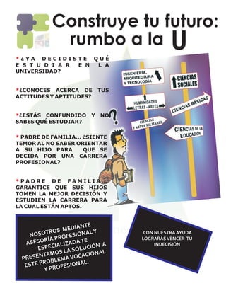 Construye tu futuro:
           rumbo a la U
*¿YA DECIDISTE QUÉ
E S T U D I A R E N L A
UNIVERSIDAD?


*¿CONOCES ACERCA DE       TUS
ACTITUDES Y APTITUDES?


*¿ESTÁS CONFUNDIDO Y NO
SABES QUÉ ESTUDIAR?

* PADRE DE FAMILIA… ¿SIENTE
TEMOR AL NO SABER ORIENTAR
A SU HIJO PARA      QUE SE
DECIDA POR UNA CARRERA
PROFESIONAL?


*PADRE DE FAMILIA…
GARANTICE QUE SUS HIJOS
TOMEN LA MEJOR DECISIÓN Y
ESTUDIEN LA CARRERA PARA
LA CUAL ESTÁN APTOS.



                   IANTE
          RO S MED     AL Y
   NOSOT        FESION
                                 CON NUESTRA AYUDA
            PRO                 LOGRARÁS VENCER TU
  AS ESORÍA LIZADA TE       A        INDECISIÓN
             A
      ESPECI LA SOLUCIÓN
          MO S            NAL
 PRESENTA
             EMA VOCACIO
  ESTE PROBL        NAL.
        Y PROFESIO
 