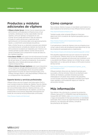 VMware vSphere




Productos y módulos                                                                                      Cómo comprar
adicionales de vSphere                                                                                   Para comprar vSphere, busque un revendedor autorizado en su
                                                                                                         área mediante la herramienta en línea VMware Partner Locator:
•	VMware vCenter Server:	vCenter Server proporciona una
  administración unificada para la infraestructura virtual                                               http://partnerlocator.vmware.com/
  completa y desbloquea muchas capacidades clave de                                                      También puede visitar la tienda VMware en línea para
  vSphere, como por ejemplo, la migración en vivo.                                                       determinar	el	kit	o	la	edición	de	vSphere	apropiados	para	su	
  vCenter Server puede administrar miles de máquinas                                                     organización:
  virtuales en varias ubicaciones y optimizar dicha
  administración con funciones tales como aprovisionamiento                                              http://www.vmware.com/vmwarestore/vsphere_
  rápido y cumplimiento automatizado de políticas.                                                       purchaseoptions.html
  Nota: vCenter Server es un elemento necesario para obtener                                             Si actualmente es cliente de vSphere o de una infraestructura
  una implementación completa de vSphere; las licencias de                                               virtual, visite el centro de actualización para determinar la ruta
  dicho producto se asignan por separado y por instancia. Los                                            de actualización apropiada para su organización:
  clientes también pueden obtener vCenter Server para la
  versión Essentials como componente incluido de todos los                                               http://www.vmware.com/products/vsphere/upgrade-center/
  kits	vSphere Essentials.                                                                               Para aquellas organizaciones que son nuevas en el sector de
•	Cisco	nexus 1000V: este switch de red enteramente formado                                              la virtualización,	VMware	ofrece	los	kits	de	aceleración	de	
  por software se integra a vSphere para suministrar servicios                                           vSphere,	que	son	paquetes	de	soluciones	que	combinan	un	kit	
  de red que tienen en cuenta la virtualización. Se encuentra                                            o una edición de VMware vSphere con vCenter Server y están
  disponible como módulo adicional para utilizar con                                                     disponibles con un descuento de hasta un 30 % sobre el precio
  vSphere Enterprise Plus.                                                                               de lista normal:
•	VMware vSphere Storage Appliance: este nuevo dispositivo                                               http://www.vmware.com/vmwarestore/vsphere_accel_
  virtual otorga las ventajas del almacenamiento compartido                                              purchaseoptions.html
  sin su costo y su complejidad. Ahora, las pymes pueden
  experimentar funciones de clase empresarial tales como                                                 VMware	también	ofrece	kits	de	vSphere Essentials	para	
  VMware Storage vMotion y alta disponibilidad (VMware HA)                                               sucursales	y	oficinas	remotas.	Estos	kits	se	diseñaron	para	
  en configuraciones más pequeñas.                                                                       clientes de medianas y grandes empresas que están
                                                                                                         interesados en virtualizar sitios remotos más pequeños.
                                                                                                         Los kits	brindan	soluciones	integradas	completas	para	lograr	
Soporte técnico y servicios profesionales                                                                mayor agilidad y continuidad del negocio en todas las
VMware ofrece servicios Support and Subscription (SnS) a                                                 ubicaciones remotas.
nivel mundial a todos los clientes de vSphere. Para los clientes
que necesiten servicios adicionales, VMware también ofrece
servicios profesionales sobre las mejores prácticas y una
introducción a la implementación de vSphere. Los servicios                                               Más información
profesionales se encuentran disponibles directamente por
                                                                                                         Para obtener más información o comprar los productos
medio de una extensa red de profesionales certificados.
                                                                                                         VMware, llame al 877-4-VMWARE (fuera de Norteamérica
http://www.vmware.com/services/                                                                          marque	650-427-5000),	visite	www.vmware.com/products,
                                                                                                         o haga una búsqueda en línea para encontrar un revendedor
                                                                                                         autorizado. Para conocer las especificaciones detalladas del
                                                                                                         producto y los requisitos del sistema, consulte la
                                                                                                         documentación de vSphere.




VMware, Inc. 3401 Hillview Avenue Palo Alto CA 94304 USA Tel.: 877-486-9273 Fax: 650-427-5001 www.vmware.com
Copyright © 2011 VMware, Inc. Todos los derechos reservados. Este producto está protegido por las leyes de copyright y de propiedad intelectual de los EE. UU. e internacionales. Los productos de VMware
están cubiertos por una o más patentes que se detallan en http://www.vmware.com/go/patents. VMware es una marca registrada o marca comercial de VMware, Inc. en los EE. UU. y otras jurisdicciones.
Todas las demás marcas y los demás nombres mencionados en este documento pueden ser marcas comerciales de sus respectivas empresas. Número de elemento: VMW-BRO-VSPHR5-A4-101
 