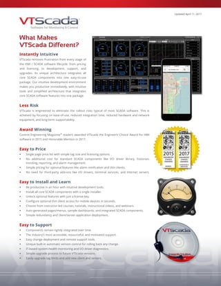 Updated April 11, 2017
What Makes
VTScada Different?
Instantly Intuitive
VTScada removes frustration from every stage of
the HMI / SCADA software lifecycle; from pricing
and licensing, to development, support, and
upgrades. Its unique architecture integrates all
core SCADA components into one easy-to-use
package. Our intuitive development environment
makes you productive immediately, with intuitive
tools and simplified architecture that integrates
core SCADA software features into one package.
Less Risk
VTScada is engineered to eliminate the rollout risks typical of most SCADA software. This is
achieved by focusing on ease-of-use, reduced integration time, reduced hardware and network
equipment, and long-term supportability.
Award Winning
Control Engineering Magazine®
readers awarded VTScada the Engineers’ Choice Award for HMI
software in 2015 and Honorable Mention in 2017.
Easy to Price
 Single page price list with simple tag size and licensing options.
 No additional cost for standard SCADA components like I/O driver library, historian,
trending, reporting, and alarm management.
 Simple pricing for optional features like alarm notification and thin clients.
 No need for third-party add-ons like I/O drivers, terminal services, and Internet servers.
Easy to Install and Learn
 Be productive in an hour with intuitive development tools.
 Install all core SCADA components with a single installer.
 Unlock optional features with just a license key.
 Configure optional thin client access for mobile devices in seconds.
 Choose from instructor-led courses, tutorials, instructional videos, and webinars.
 Auto-generated pages/menus, sample dashboards, and integrated SCADA components.
 Simple redundancy and client/server application deployment.
Easy to Support
 Components remain tightly integrated over time.
 The industry’s most accessible, resourceful, and motivated support.
 Easy change deployment and remote support tools.
 Unique built-in automatic version control for rolling back any change.
 IT-based system-health monitoring and I/O driver diagnostics.
 Simple upgrade process to future VTScada versions.
 Easily upgrade tag limits and add new client and servers.
 