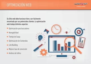 OPTIMIZACIÓN WEB
Optimización para buscadores
Navegabilidad
Tiempo de Carga
Optimización de Contenidos
Link Building
Mejorar tasa de conversión
Análisis de tráﬁco
Su Sitio web debe funcionar bien y ser fácilmente
encontrado por sus potenciales clientes.La optimización
web trabaja distintos aspectos:
 