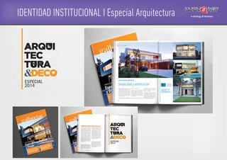 IDENTIDAD INSTITUCIONAL I Especial Arquitectura
10
Santiago Cordeyro Arquitectos, es un estudio
que desde 1991 trabaja ininterrumpidamente
en proyecto, dirección y construcción de obras
en diversos segmentos de la industria. El buen
manejo de diseño y una arquitectura que quiere
perdurar en el tiempo pensada para el hombre
que habita en ella pero buscando la estética,
el buen uso de los materiales, la economía de
los recursos y actualmente el ahorro energético
son los puntos clave que el estudio toma para
encarar cualquier proyecto.
La calidad constructiva y el seguimiento de
la obras son las herramientas utilizadas para
lograr una buena obra terminada.
La seriedad, la calidad humana del equipo
de trabajo, la mejora constante y evolución
en diseño en la concreción de proyectos, son
algunos de los distintivos que los caracterizan.
El trabajo participativo de todo el equipo de
personas que forman el estudio, es primordial
en la búsqueda de innovación arquitectónica,
de nuevas tendencias y en el desarrollo de
nuevos conceptos.
Cada diseño que se encara en el estudio
contiene: inspiración (en captar la esencia
de ese proyecto), interpretación (de lo que el
cliente busca, de su objetivo, y sorprenderlo
con lo que no buscaba pero es esencial a la
arquitectura.) y creatividad.
Con diversos tipos de temáticas y manejando
una amplia gama proyectos y programas, el
estudio es especialista en viviendas unifamiliares
y multifamiliares, arquitectura comercial,
arquitectura corporativa, proyectos urbanos y
de inversión. Entre sus obras más recientes se
encuentran: Glaciarium (el Museo del Hielo en
Calafate), el Ediﬁcio Avalos en Villa Urquiza y el
Centro Comercial Euskal Herria Plaza.
Simplicidad y sofisticación
SANTIAGO CORDEYRO ARQUITECTOS
ACTUALIDAD WWW.GALLARETAS.COM | JULIO 2014ACTUALIDAD WWW.GALLARETAS.COM | JULIO 2014ARQ + DECO
11
Dardo Rocha 674 (Martínez)
4793-4472/78
info@santiagocordeyro.com.ar
www.santiagocordeyro.com.ar
 
