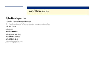Contact Information

John Barringer CFP®
Executive Financial Services Director
Vice President, Financial Advisor, Investment Management Consultant
370 17th Street
Suite 5100
Denver, CO 80202
800.767.9983 (toll free)
303.595.2022 (direct)
303.595.2127 (fax)
john.barringer@mssb.com
 