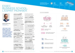 ESSEC BUSINESS SCHOOL - ADVANCED CERTIFICATE WOMEN BE BOARD READY ESSEC BUSINESS SCHOOL - ADVANCED CERTIFICATE WOMEN BE BOARD READY 32
CRÉÉE EN 1907, L’ESSEC
BUSINESS SCHOOL VEUT
ÊTRE AUJOURD’HUI UNE
ÉCOLE-MONDE AUX RACINES
FRANÇAISES. SA MISSION
EST DE DONNER DU SENS AU
LEADERSHIP DE DEMAIN ET
D’AVOIR UN IMPACT GLOBAL.
L’ESSEC est une école qui allie
recherche et enseignement, et
propose des programmes allant
du Bachelor au PhD. L’ESSEC
propose de nombreux programmes
de niveau Master, notamment le
programme Grande École / Master
in Management. L’ESSEC offre
également des programmes de
formation post-expérience pour les
professionnels, tel son programme
Global MBA pour les cadres à haut
potentiel, désirant renforcer leurs
compétences et stimuler leur carrière.
L’ESSEC propose enﬁn de la formation
sur-mesure, conçue et développée
pour les entreprises à partir de leurs
besoins en formation. L’excellence de
ces programmes est reconnue par les
plus grands standards internationaux
en management comme en témoigne
la “Triple couronne” d’accréditations:
EQUIS, AACSB et AMBA.
L’expérience d’apprentissage
proposée par l’ESSEC combine
excellence et singularité. Son modèle
pédagogique unique repose sur de
multiples expériences d’apprentissage
favorisant l’acquisition de savoir
de pointe, mais aussi de savoir-
faire et de savoir-être. Tout au long
de leur cursus, les étudiants ont la
possibilité d’être acteurs de leur
formation, ils acquièrent les clés
pour imaginer, créer, diriger et avoir
un impact positif sur le monde de
demain, qui sera plus complexe et
évoluera de plus en plus rapidement.
Nos campus internationaux en
Asie-Paciﬁque et en Afrique sont
autant de portails permettant à nos
étudiants de se confronter à des
environnements culturels différents
et de développer une connaissance
pratique des acteurs économiques
de ces régions en pleine expansion.
Ils permettent à notre institution
de forger des alliances étroites
avec des partenaires académiques,
privés et publics dans ces régions
qui représentent les leviers de
croissance du monde de demain.
Aﬁn que le parcours académique
de ses étudiants soit à la mesure de
leur carrière internationale, l’ESSEC
a également construit un réseau
d’alliances structurantes avec des
partenaires académiques de haut
niveau dans le monde entier.
Pour être une École-monde, l’ESSEC
veut cultiver ses racines françaises et
former des leaders responsables. Être
un leader responsable signiﬁe être
capable de voir au-delà du business
as usual. Les leaders responsables
doivent savoir conjuguer performance
de l’entreprise et bien-être des
employés, bénéﬁces à court-terme
et avantages à long-terme. Pour
préparer ses étudiants au monde
de demain, la pédagogie de l’ESSEC
vise à éveiller et développer une
pensée créative et critiquealliée à la
méthode du learning-by-doing, car
les leaders responsables sont avant
tout des créateurs qui savent fédérer
autour d’une vision, au service d’un
impact positif sur la société.
L’ESSEC est un écosystème complet,
à la croisée d’une recherche
rigoureuse et pertinente, de
l’innovation entrepreneuriale,
des entreprises et de la société.
Nous avons la conviction que la
rencontre de la recherche et des
entreprises dans la salle de classe est
un impératif pédagogique. Étudier
à l’ESSEC, c’est avant tout dessiner
son propre chemin vers l’avenir et
rejoindre une communauté de plus
de 55000 diplômés dans le monde
qui ne cesse jamais d’apprendre.
ESSEC
BUSINESS SCHOOL,
L’ESPRIT PIONNIER
Vincenzo Esposito Vinzi
Directeur général
ESSEC Business School
INTERNATIONAL
RANKINGS BUSINESS
EDUCATION 2018
#4
Master in
Management
#8
European
Business School
#5
Master in
Finance
#14
Executive
Education
Programs
Chiffres clés
6O97
5OOO
+5oo
34%
+1oo
98
étudiants en formation initiale
managers en formation continue
entreprises partenaires de la pédagogie
et du recrutement
nationalités
représentées
d’étudiants
internationaux
associations étudiantes
chaires
d’enseignement et de recherche3O
programmes de doubles diplômes
(24 internationaux, 6 nationaux)3O
professeurs de 37 nationalités
dont 20 professeurs Emeritus162
55OOOalumni à travers le monde
2OOO
diplômes délivrés chaque année,
dont 1600 de niveau Master
2O5 universités partenaires
dans 45 pays
4
campus:
Cergy, Paris-La Défense,
Singapour et Rabat
+1
campus
numérique
augmenté
PDF POUR VALIDATION
Pascal Constantin
constantin@essec.edu - 33 06
 