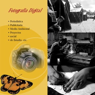 Fotografía Digital
• Periodística
• Publicitaria
• Medio Ambiental
• Proyectos
• social
• de Estudio, etc.
 