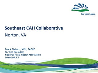 Southeast CAH Collaborative
Norton, VA
Brock Slabach, MPH, FACHE
Sr. Vice-President
National Rural Health Association
Leawood, KS
 
