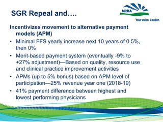 SGR Repeal and….
Incentivizes movement to alternative payment
models (APM)
• Minimal FFS yearly increase next 10 years of 0.5%,
then 0%
• Merit-based payment system (eventually -9% to
+27% adjustment)—Based on quality, resource use
and clinical practice improvement activities
• APMs (up to 5% bonus) based on APM level of
participation—25% revenue year one (2018-19)
• 41% payment difference between highest and
lowest performing physicians
 