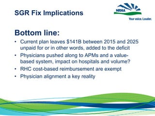 SGR Fix Implications
Bottom line:
• Current plan leaves $141B between 2015 and 2025
unpaid for or in other words, added to the deficit
• Physicians pushed along to APMs and a value-
based system, impact on hospitals and volume?
• RHC cost-based reimbursement are exempt
• Physician alignment a key reality
 