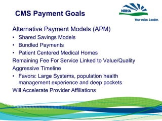 CMS Payment Goals
Alternative Payment Models (APM)
• Shared Savings Models
• Bundled Payments
• Patient Centered Medical Homes
Remaining Fee For Service Linked to Value/Quality
Aggressive Timeline
• Favors: Large Systems, population health
management experience and deep pockets
Will Accelerate Provider Affiliations
 