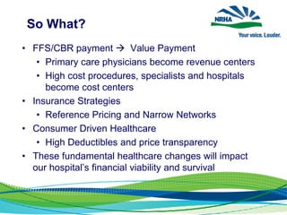 So What?
• FFS/CBR payment  Value Payment
• Primary care physicians become revenue centers
• High cost procedures, specialists and hospitals
become cost centers
• Insurance Strategies
• Reference Pricing and Narrow Networks
• Consumer Driven Healthcare
• High Deductibles and price transparency
• These fundamental healthcare changes will impact
our hospital’s financial viability and survival
 