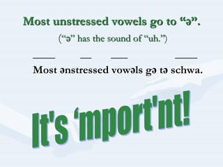 Most unstressed vowels go to “ә”. (“ә” has the sound of “uh.”)____         __       ___                 ____       Most әnstressed vowәls gә tә schwa. It's ‘mport'nt!