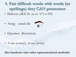 4. Pair difficult words with words (or spellings) they CAN pronounce Delivery (dEE liv (as in “it”) vr EEAwry sounds likeQuestion  (Kwestion)A use (youce);  to use (youz)(See handout—also other representational methods)