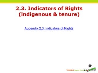 THINKING beyond the canopy
20
2.3. Indicators of Rights
(indigenous & tenure)
Appendix 2.3: Indicators of Rights
2
 