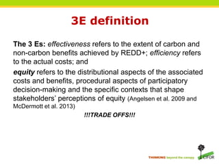 THINKING beyond the canopy
3E definition
The 3 Es: effectiveness refers to the extent of carbon and
non-carbon benefits ac...