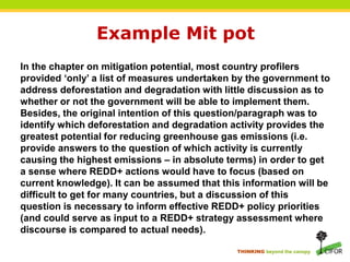 THINKING beyond the canopy
Example Mit pot
In the chapter on mitigation potential, most country profilers
provided ‘only’ ...