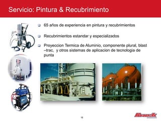 Servicio: Pintura & Recubrimiento

            65 años de experiencia en pintura y recubrimientos

            Recubrimientos estandar y especializados

            Proyeccion Termica de Aluminio, componente plural, blast
             –trac, y otros sistemas de aplicacion de tecnologia de
             punta




                                 16
 
