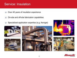 Service: Insulation

   Over 40 years of insulation experience

   On-site and off-site fabrication capabilities

   Specialized application expertise (e.g. Aerogel)




                                          17
 