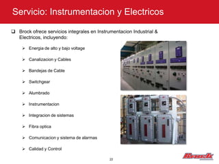 Servicio: Instrumentacion y Electricos

 Brock ofrece servicios integrales en Instrumentacion Industrial &
  Electricos, incluyendo:

      Energia de alto y bajo voltage

      Canalizacion y Cables

      Bandejas de Cable

      Switchgear

      Alumbrado

      Instrumentacion

      Integracion de sistemas

      Fibra optica

      Comunicacion y sistema de alarmas

      Calidad y Control

                                             22
 