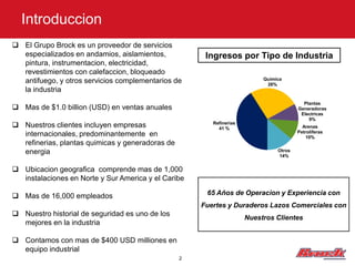 Introduccion
 El Grupo Brock es un proveedor de servicios
  especializados en andamios, aislamientos,            Ingresos por Tipo de Industria
  pintura, instrumentacion, electricidad,
  revestimientos con calefaccion, bloqueado
                                                                           Quimica
  antifuego, y otros servicios complementarios de                           26%
  la industria
                                                                                          Plantas
 Mas de $1.0 billion (USD) en ventas anuales                                           Generadoras
                                                                                         Electricas
                                                                                            9%
 Nuestros clientes incluyen empresas                    Refinerias
                                                           41 %                           Arenas
                                                                                        Petroliferas
  internacionales, predominantemente en                                                     10%
  refinerias, plantas quimicas y generadoras de
  energia                                                                       Otros
                                                                                14%


 Ubicacion geografica comprende mas de 1,000
  instalaciones en Norte y Sur America y el Caribe

 Mas de 16,000 empleados                              65 Años de Operacion y Experiencia con
                                                      Fuertes y Duraderos Lazos Comerciales con
 Nuestro historial de seguridad es uno de los
                                                                      Nuestros Clientes
  mejores en la industria

 Contamos con mas de $400 USD milliones en
  equipo industrial
                                                  2
 